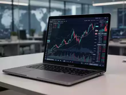 Nahaufnahme eines offenen MacBook Pro mit Finanzdiagrammen, unscharfem Bürohintergrund, Symbol für Preiserhöhungen und Marktauswirkungen. - Foto: über boerse-global.de