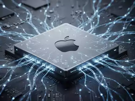 Nahaufnahme eines leuchtenden Apple M4-Chips mit blauen neuronalen Netzwerkverbindungen, die KI-Rechenleistung symbolisieren. - Foto: über boerse-global.de
