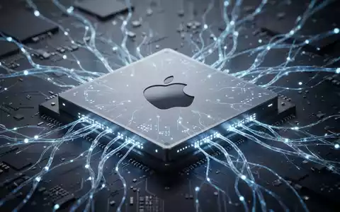 Nahaufnahme eines leuchtenden Apple M4-Chips mit blauen neuronalen Netzwerkverbindungen, die KI-Rechenleistung symbolisieren. - Foto: über boerse-global.de