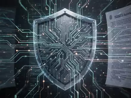 Digitale Illustration verschlungener Schaltkreise und Datenströme, die KI und Sicherheit symbolisieren, mit leuchtenden Linien für Gesetzgebung. - Foto: über boerse-global.de