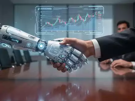 Roboterhand schüttelt Menschenhand über Konferenztisch, darüber digitale Finanzcharts. - Foto: über boerse-global.de