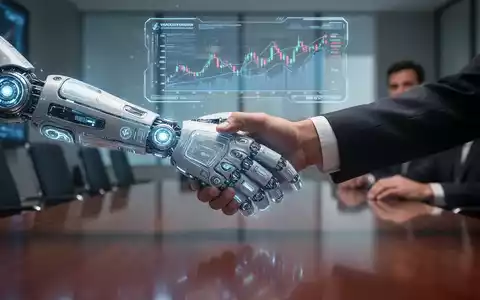 Roboterhand schüttelt Menschenhand über Konferenztisch, darüber digitale Finanzcharts. - Foto: über boerse-global.de