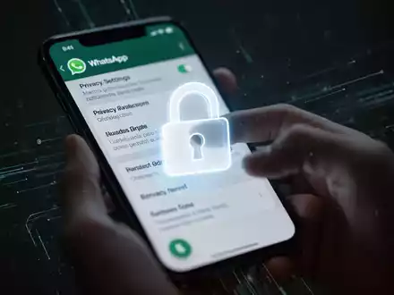 Ein Smartphone zeigt WhatsApp-Datenschutzeinstellungen. Ein leuchtendes Vorhängeschloss symbolisiert Datensicherheit und Privatsphäre. - Foto: über boerse-global.de