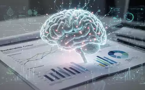 Ein stilisiertes, leuchtendes KI-Hirn überlagert einen modernen Finanzbericht mit Diagrammen. Digitale Datenströme symbolisieren Nachhaltigkeit und Compliance. - Foto: über boerse-global.de
