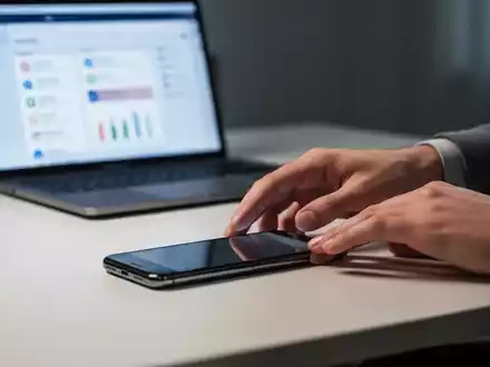 Eine Person legt ein Smartphone bewusst verdeckt auf einen Schreibtisch, mit einem unscharfen Laptop im Hintergrund. - Foto: über boerse-global.de