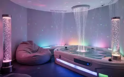 Ein ruhiger Snoezelenraum mit weicher, mehrfarbiger Beleuchtung, einem bequemen Sitzsack oder Wasserbett und sensorischen Elementen. - Foto: über boerse-global.de
