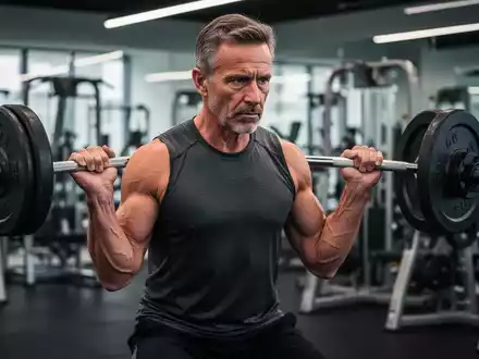 Ein Mann mittleren Alters beim Krafttraining im Fitnessstudio, Gewichte hebend, mit fokussiertem und entschlossenem Ausdruck. - Foto: über boerse-global.de