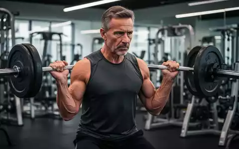 Ein Mann mittleren Alters beim Krafttraining im Fitnessstudio, Gewichte hebend, mit fokussiertem und entschlossenem Ausdruck. - Foto: über boerse-global.de