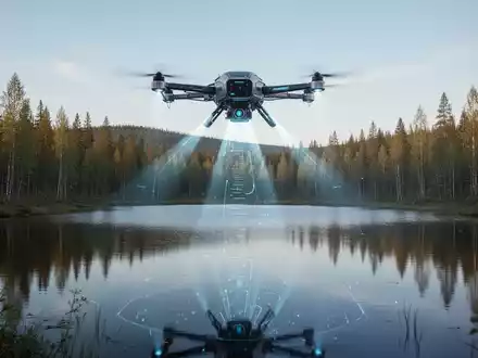 Eine hochmoderne Erkundungsdrohne fliegt über einen unberührten See in der Wildnis, umgeben von dichtem Wald. - Foto: über boerse-global.de