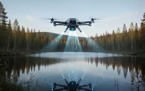 Eine hochmoderne Erkundungsdrohne fliegt über einen unberührten See in der Wildnis, umgeben von dichtem Wald. - Foto: über boerse-global.de