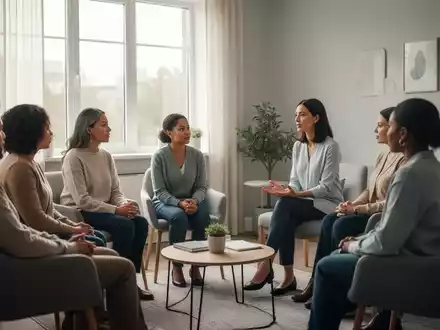 Eine Gruppe von Menschen in einer Therapiesitzung, die sich mit einem Sozialarbeiter unterhalten und Unterstützung suchen. - Foto: über boerse-global.de