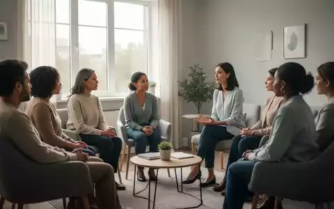 Eine Gruppe von Menschen in einer Therapiesitzung, die sich mit einem Sozialarbeiter unterhalten und Unterstützung suchen. - Foto: über boerse-global.de