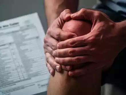 Eine Person hält sich schmerzverzerrt das Knie, im Hintergrund verschwommene medizinische Unterlagen. Symbolisiert Schmerz und Missachtung. - Foto: über boerse-global.de