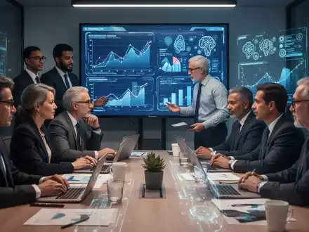Eine Gruppe von Fachleuten aus verschiedenen Disziplinen nimmt an einer Weiterbildung im Finanzwesen teil, mit digitalen Bildschirmen im Hintergrund. - Foto: über boerse-global.de