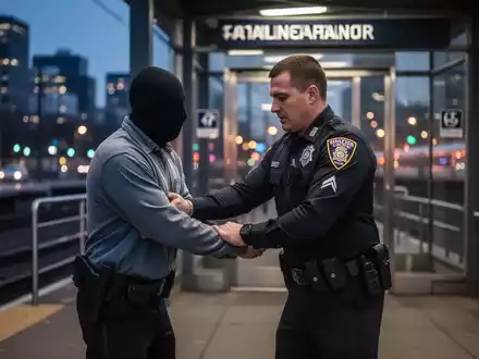 Polizeibeamter verhaftet einen Mann in der Nähe eines Bahnhofseingangs bei Dämmerung, im Hintergrund verschwommene Stadtlichter. - Foto: über boerse-global.de