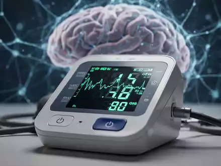 Nahaufnahme eines digitalen Blutdruckmessgeräts mit verschwommenem Hintergrund, der neuronale Muster oder ein stilisiertes Gehirn zeigt. - Foto: über boerse-global.de