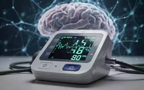 Nahaufnahme eines digitalen Blutdruckmessgeräts mit verschwommenem Hintergrund, der neuronale Muster oder ein stilisiertes Gehirn zeigt. - Foto: über boerse-global.de