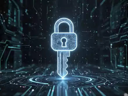 Glühendes digitales Schlüsselsymbol, das sich mit einem Schloss auf dunklem, abstraktem Hintergrund vereint, symbolisiert sichere passwortlose Authentifizierung. - Foto: über boerse-global.de