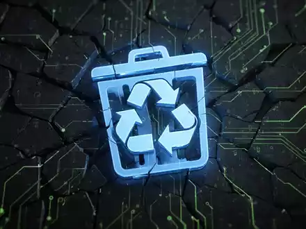 Leuchtend blaues Recycling-Symbol auf dunklem, fragmentiertem Digitalhintergrund mit grünen Leiterbahnlinien. - Foto: über boerse-global.de