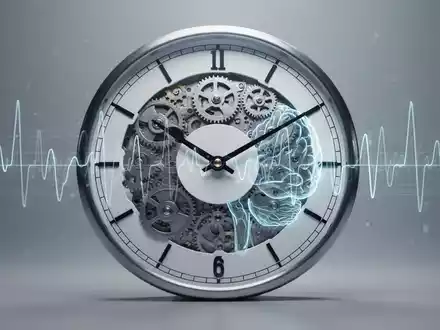 Ein stilisiertes Zifferblatt mit Zahnrädern, die subtil in Gehirnaktivitätslinien übergehen, symbolisiert die Synchronisation von Arbeit und innerer Uhr. - Foto: über boerse-global.de