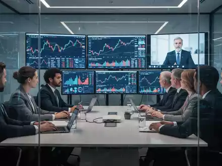 Finanzanalysten in einem modernen Konferenzraum, die an einem Webinar teilnehmen. Bildschirme zeigen Finanzdaten und Diagramme. - Foto: über boerse-global.de