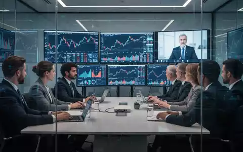 Finanzanalysten in einem modernen Konferenzraum, die an einem Webinar teilnehmen. Bildschirme zeigen Finanzdaten und Diagramme. - Foto: über boerse-global.de