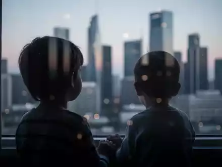 Silhouette eines Kindes, das aus einem Fenster auf eine verschwommene Stadtlandschaft bei Dämmerung blickt, was Nachdenklichkeit ausdrückt. - Foto: über boerse-global.de
