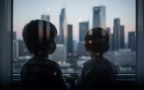 Silhouette eines Kindes, das aus einem Fenster auf eine verschwommene Stadtlandschaft bei Dämmerung blickt, was Nachdenklichkeit ausdrückt. - Foto: über boerse-global.de