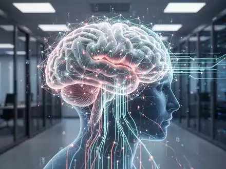 Ein stilisiertes, leuchtendes neuronales Netzwerk über einem menschlichen Gehirn mit digitalen Datenströmen, die in es fließen. - Foto: über boerse-global.de