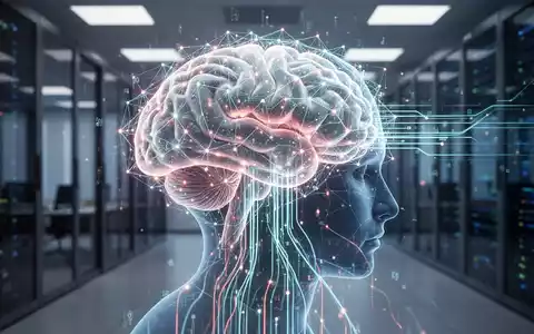 Ein stilisiertes, leuchtendes neuronales Netzwerk über einem menschlichen Gehirn mit digitalen Datenströmen, die in es fließen. - Foto: über boerse-global.de