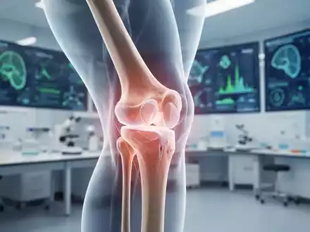 Nahaufnahme eines menschlichen Kniegelenks mit durchscheinenden Knochen- und Knorpelstrukturen in einem Forschungslabor. - Foto: über boerse-global.de