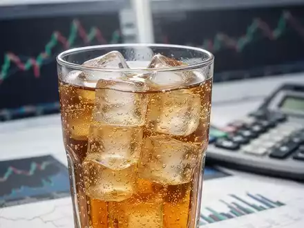 Ein Glas mit einem zuckerhaltigen Getränk im Vordergrund, unscharfe Finanzdiagramme und ein Taschenrechner im Hintergrund. - Foto: über boerse-global.de