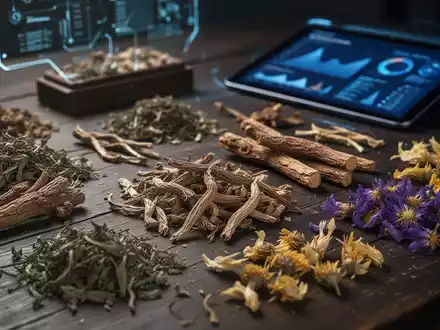 Traditionelle chinesische Medizin-Zutaten wie getrocknete Kräuter und Wurzeln auf einem Holztisch, im Hintergrund unscharf ein Tablet. - Foto: über boerse-global.de