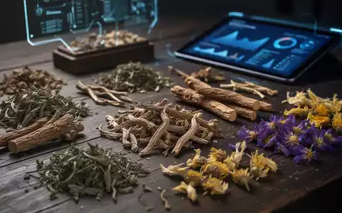 Traditionelle chinesische Medizin-Zutaten wie getrocknete Kräuter und Wurzeln auf einem Holztisch, im Hintergrund unscharf ein Tablet. - Foto: über boerse-global.de