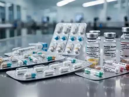Nahaufnahme von Medikamenten in Blisterpackungen und Fläschchen, einige mit deutschen Etiketten, auf einer sterilen Oberfläche. - Foto: über boerse-global.de