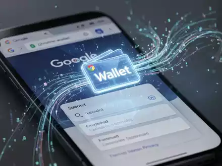 Smartphone-Bildschirm mit Google Wallet-Logo, das mit Chrome-Autofill-Feldern verschmilzt, Symbol für Datenintegration. - Foto: über boerse-global.de