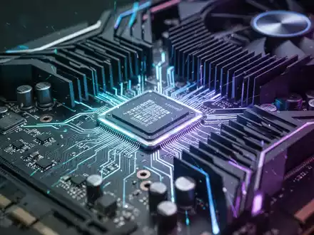 Nahaufnahme einer leistungsstarken Grafikkarte (GPU) mit feinen Schaltkreisen und Kühlrippen, die dezent in Blau und Violett leuchtet. - Foto: über boerse-global.de