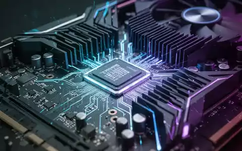 Nahaufnahme einer leistungsstarken Grafikkarte (GPU) mit feinen Schaltkreisen und Kühlrippen, die dezent in Blau und Violett leuchtet. - Foto: über boerse-global.de