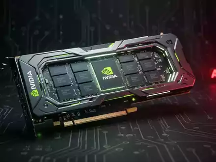 Nahaufnahme einer modernen NVIDIA-Grafikkarte mit Speicherchips, die gegen einen dunklen, technologischen Hintergrund leuchten. - Foto: über boerse-global.de