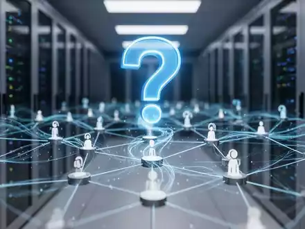 Leuchtend blaues Fragezeichen-Symbol über digitalem Netzwerk verbundener Knoten, symbolisiert Online-Frageplattform mit Datenströmen. - Foto: über boerse-global.de