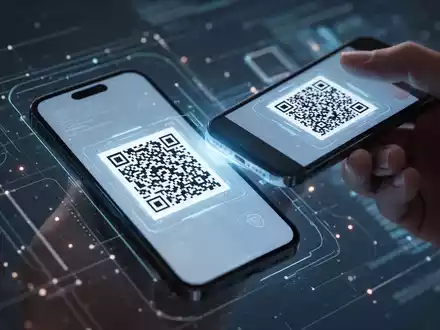 Ein Smartphone-Bildschirm zeigt einen QR-Code, der von einem zweiten Smartphone gescannt wird, vor einem verschwommenen digitalen Hintergrund. - Foto: über boerse-global.de