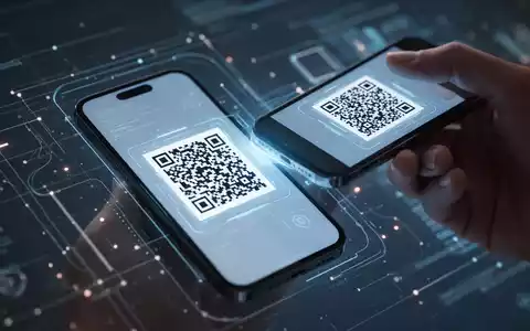 Ein Smartphone-Bildschirm zeigt einen QR-Code, der von einem zweiten Smartphone gescannt wird, vor einem verschwommenen digitalen Hintergrund. - Foto: über boerse-global.de