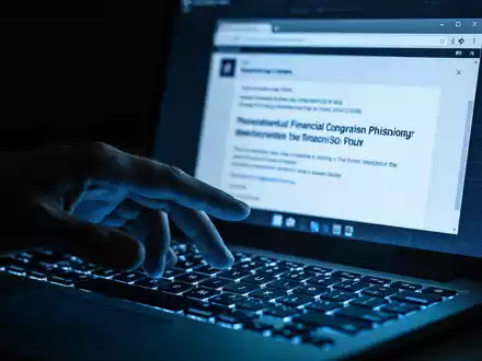 Nahaufnahme einer Hand, die über einer Tastatur schwebt, während auf einem Bildschirm eine betrügerische Phishing-E-Mail angezeigt wird. - Foto: über boerse-global.de