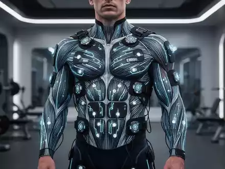 Eine Person trägt einen modernen, eng anliegenden EMS-Anzug mit leuchtenden Linien, die Muskelstimulation andeuten, in einer hochtechnologischen Umgebung. - Foto: über boerse-global.de