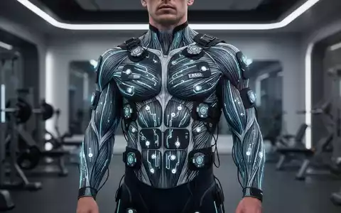 Eine Person trägt einen modernen, eng anliegenden EMS-Anzug mit leuchtenden Linien, die Muskelstimulation andeuten, in einer hochtechnologischen Umgebung. - Foto: über boerse-global.de