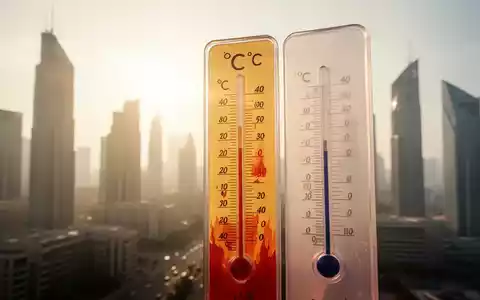 Ein Thermometer zeigt extreme Hitze, über 40 Grad Celsius, vor einer verschwommenen Stadtkulisse während einer Hitzewelle. - Foto: über boerse-global.de