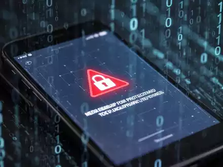 Nahaufnahme eines Smartphones mit einer Sicherheitswarnung auf dem Bildschirm, im Hintergrund verschwommene digitale Codes und Muster. - Foto: über boerse-global.de