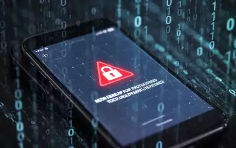 Nahaufnahme eines Smartphones mit einer Sicherheitswarnung auf dem Bildschirm, im Hintergrund verschwommene digitale Codes und Muster. - Foto: über boerse-global.de