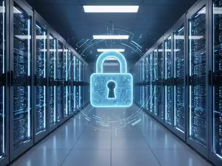 Ein futuristisches Rechenzentrum mit leuchtend blauen Serverracks und einem digitalen Vorhängeschloss-Symbol, das Cybersicherheit darstellt. - Foto: über boerse-global.de