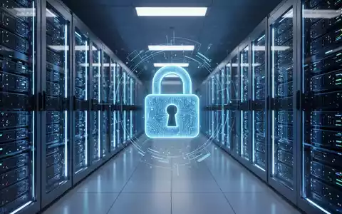 Ein futuristisches Rechenzentrum mit leuchtend blauen Serverracks und einem digitalen Vorhängeschloss-Symbol, das Cybersicherheit darstellt. - Foto: über boerse-global.de